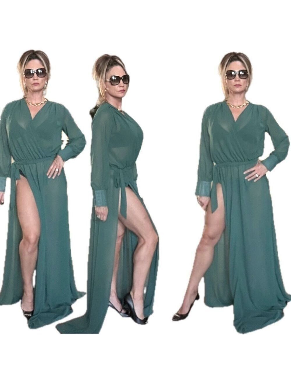 Miss Ord Surplice Neck Belted Split Thigh Gold Maxi Dress dark green Sz M NWT